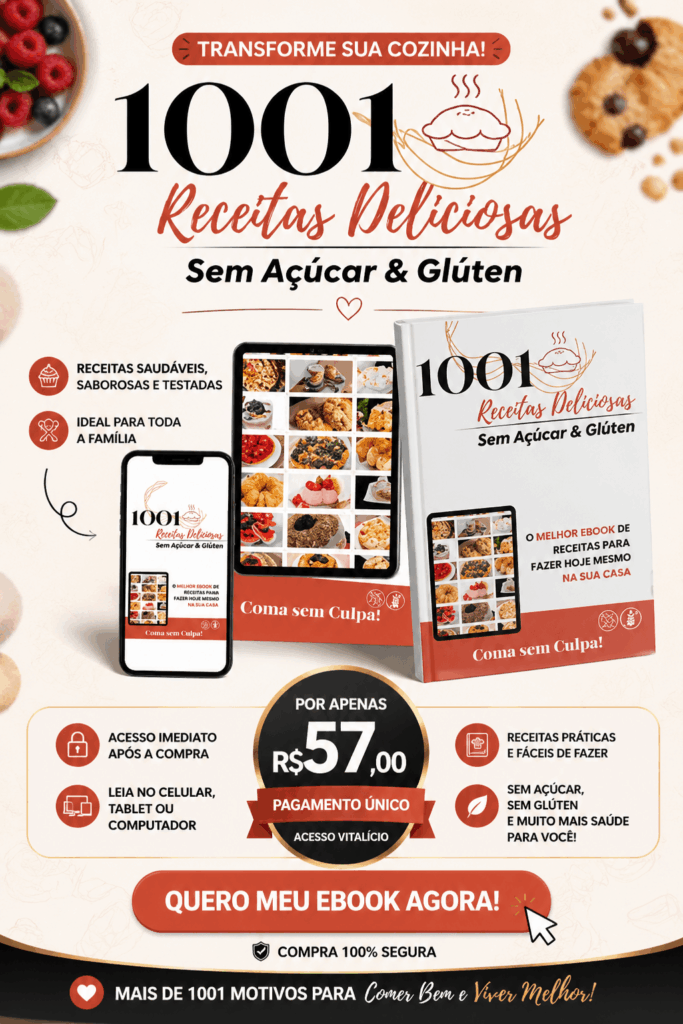Banner promocional do ebook 1001 Receitas Deliciosas Sem Açúcar e Glúten com oferta especial a partir de R$57, acesso imediato, receitas saudáveis e CTA para compra imediata.