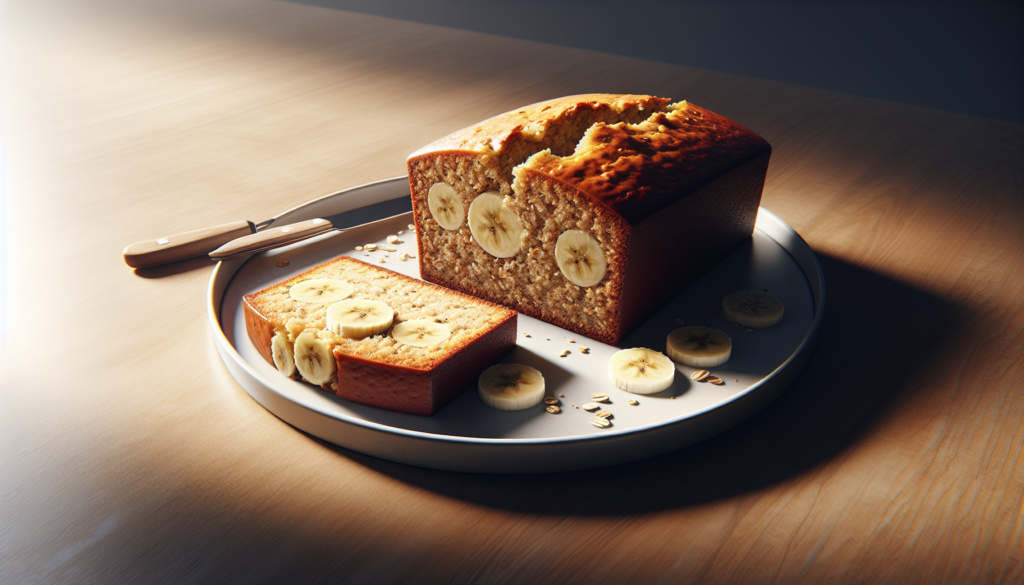 Bolo de banana com aveia pronto e fatiado servido em prato branco