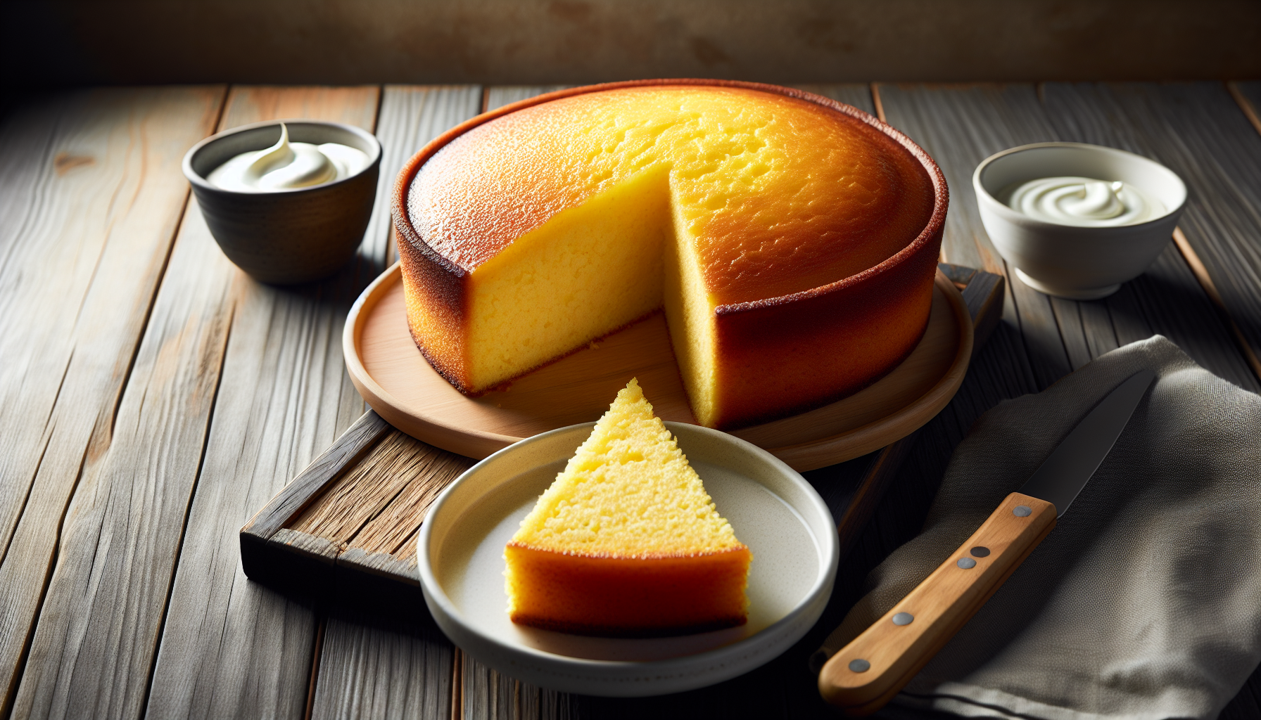 Bolo de fubá cremoso pronto, com textura úmida e dourada