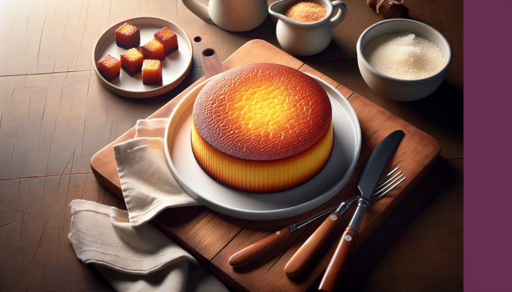 Bolo de mandioca pronto, dourado e macio em prato branco