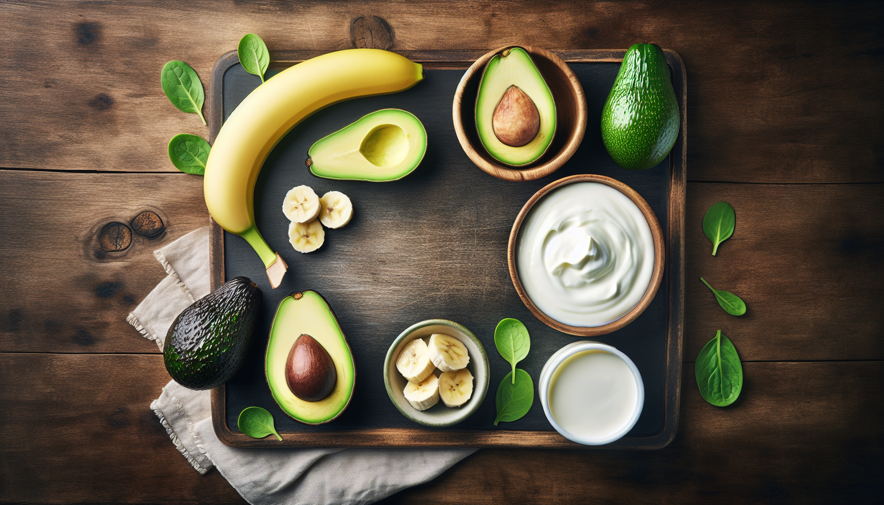 Ingredientes frescos para receita de abacate para bebê: abacate, banana e iogurte