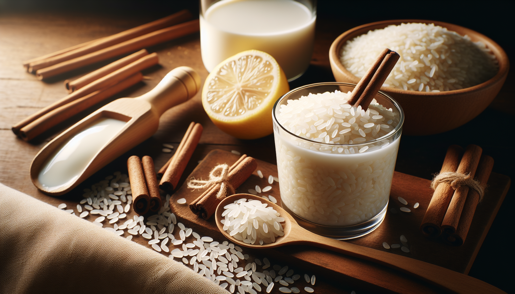 Close-up dos ingredientes do arroz doce: arroz branco, leite, canela em pau e casca de limão