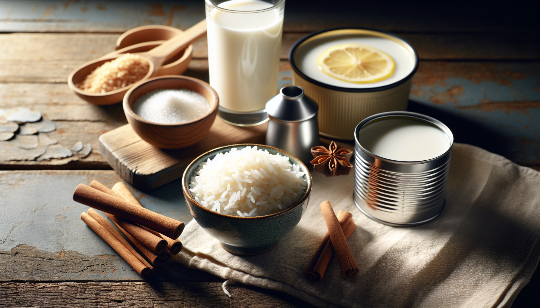 Ingredientes para receita de arroz doce: arroz, leite, leite condensado, canela e limão