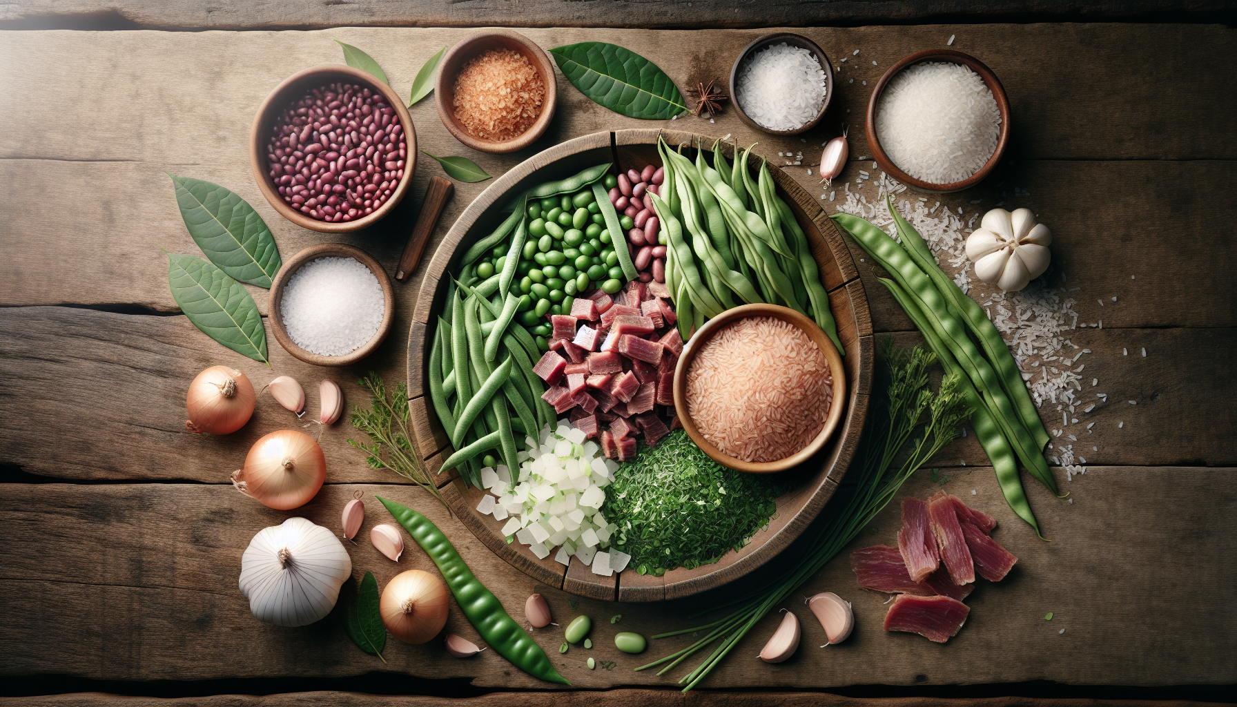 Close-up dos ingredientes frescos para baião de dois: feijão verde, arroz, carne seca e temperos