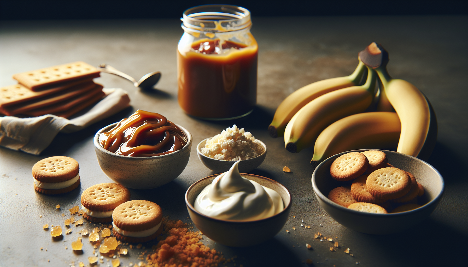 Close-up dos ingredientes para receita de banoffee: bananas, doce de leite, biscoitos e creme de leite
