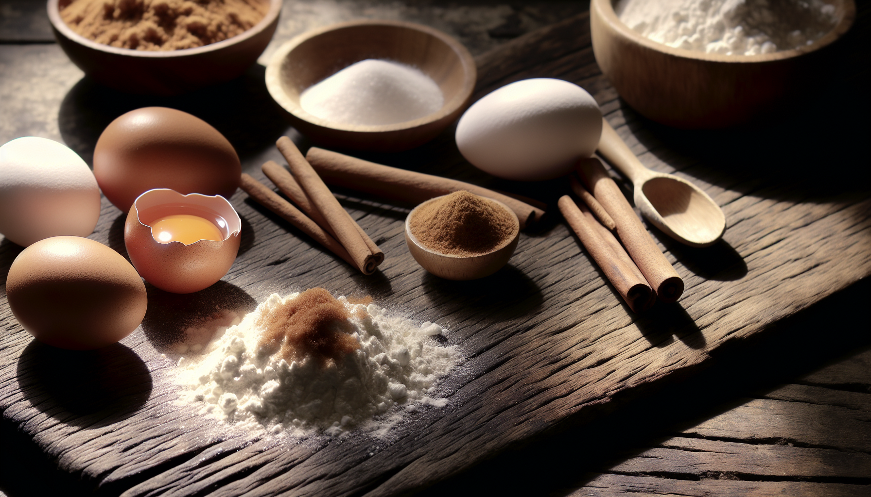 Close-up dos ingredientes para bolinho de chuva receita, incluindo ovos, farinha, açúcar e canela