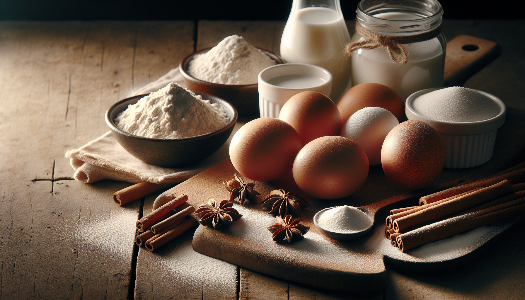 Ingredientes para bolinho de chuva: farinha, ovos, leite, açúcar, fermento e canela em close-up