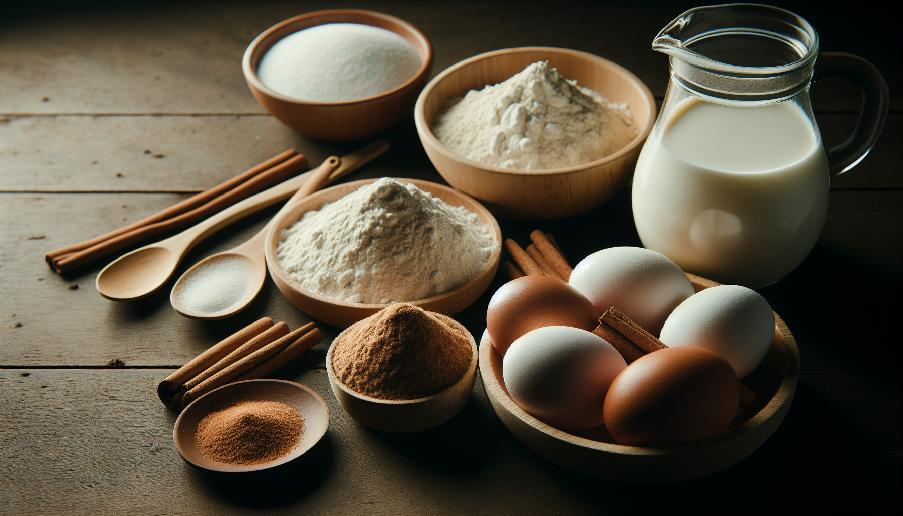 Close-up dos ingredientes para receita bolinho de chuva incluindo ovos, farinha, açúcar e canela