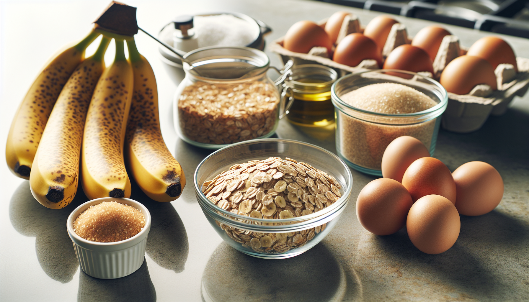 Ingredientes frescos para receita de bolo de banana com aveia dispostos em bancada