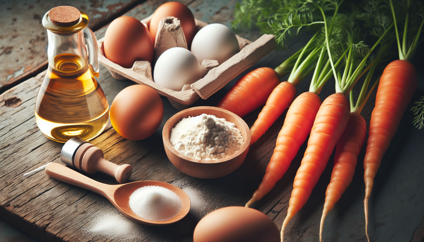 Ingredientes frescos para bolo de cenoura fofinho em close-up