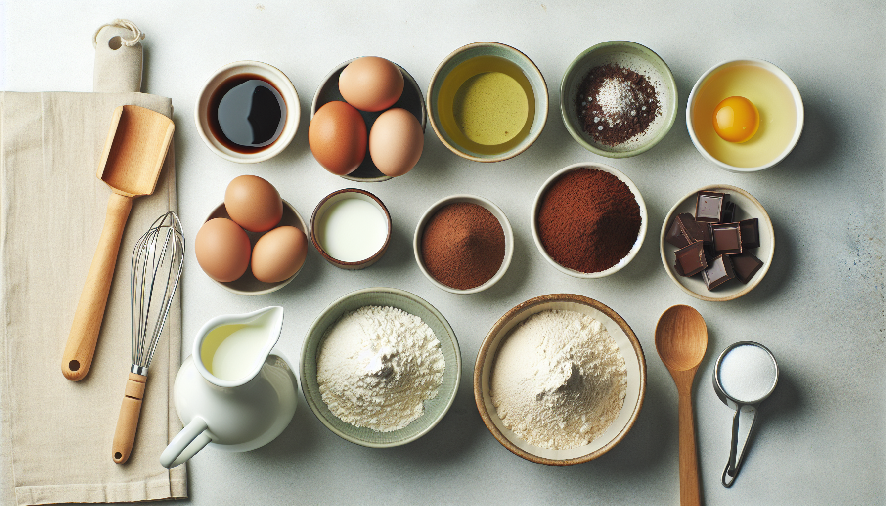 Ingredientes para receita de bolo de chocolate simples em close-up