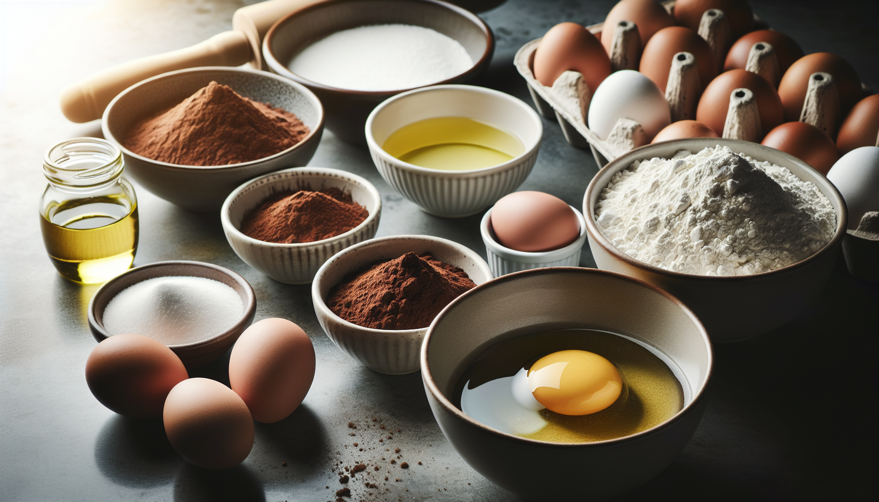 Ingredientes para receita de bolo de chocolate em tigelas
