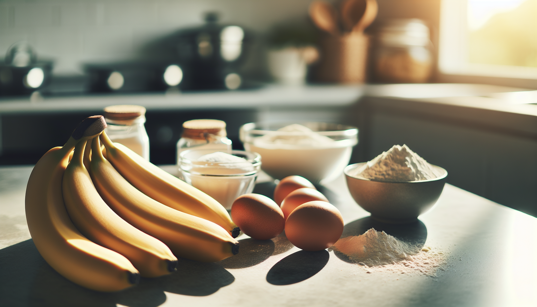 Close-up dos ingredientes para bolo de banana com bananas, ovos e farinha