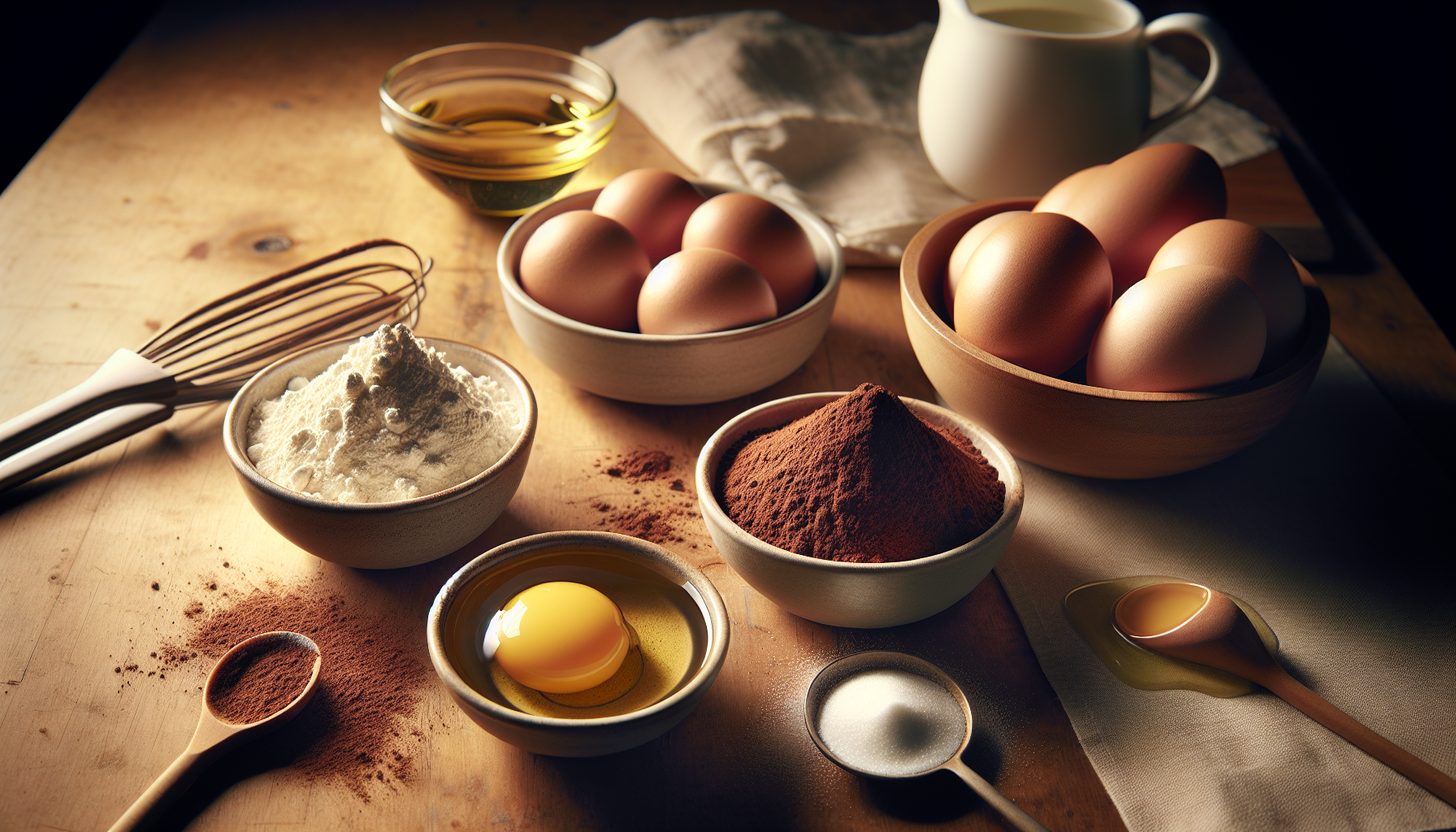 ingredientes para receita de bolo de caneca, farinha, ovo, açúcar e cacau em close-up