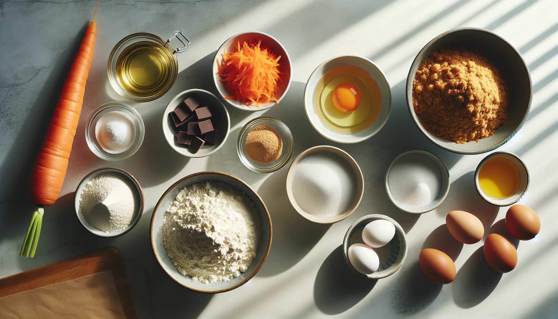 Ingredientes para receita bolo de cenoura organizados em tigelas
