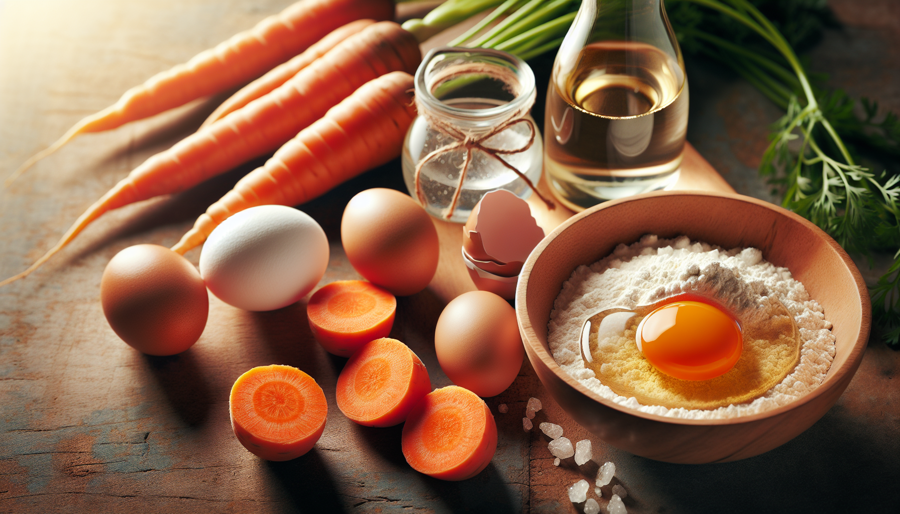 Ingredientes frescos para bolo de cenoura fofinho em close-up