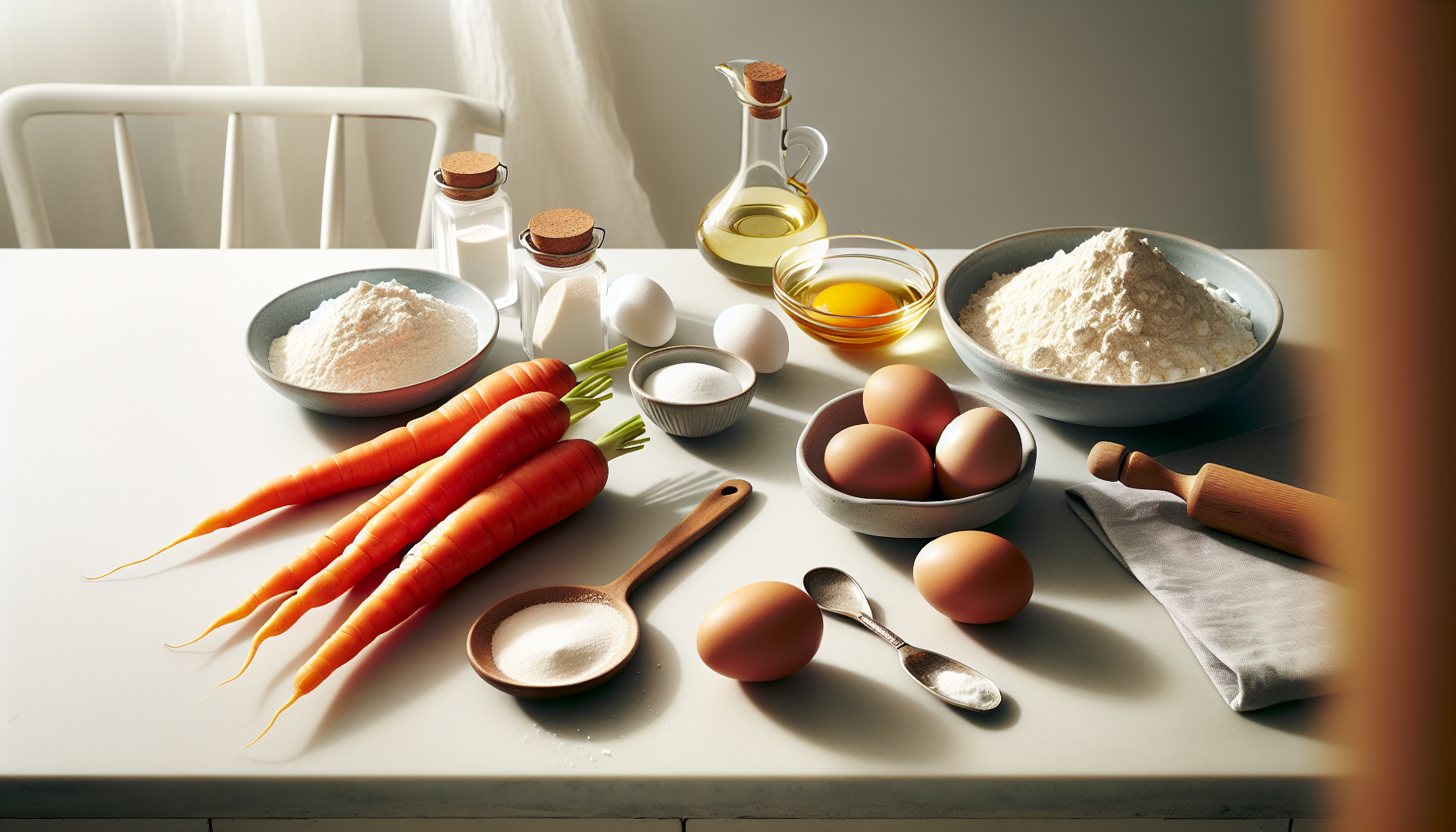 Ingredientes frescos para bolo de cenoura: cenouras, ovos, farinha, açúcar e óleo