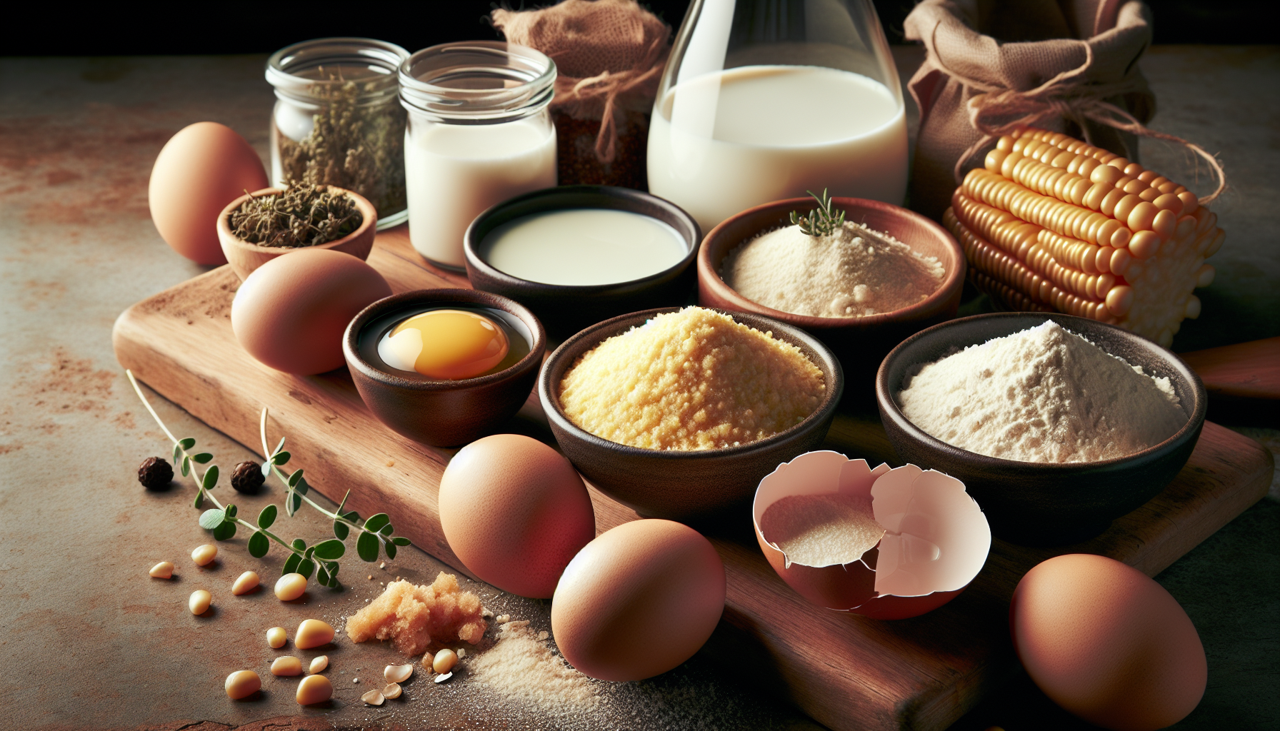 Ingredientes frescos para bolo de fubá em close-up