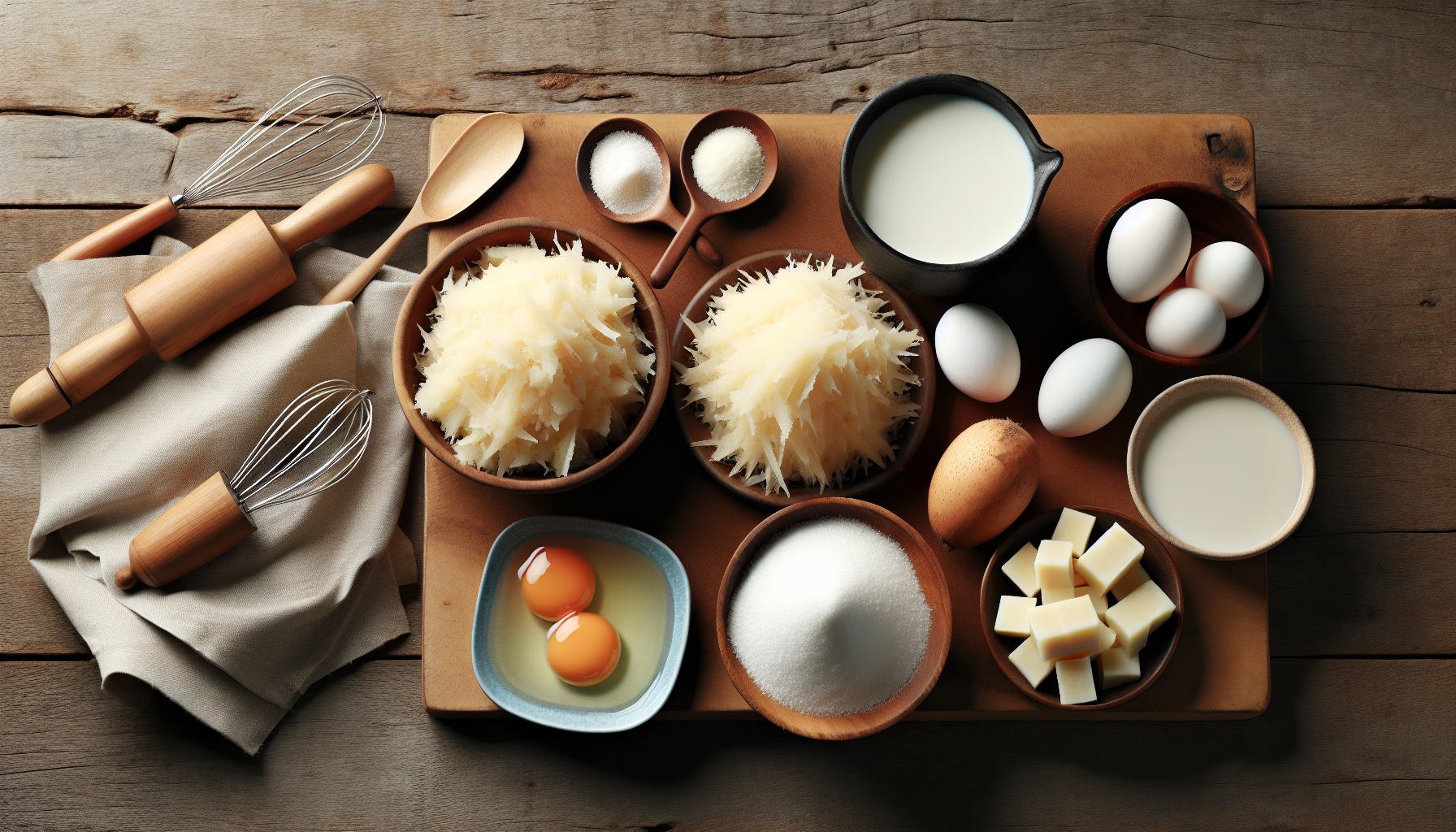 Close-up dos ingredientes para bolo de mandioca: mandioca ralada, ovos, leite de coco e açúcar