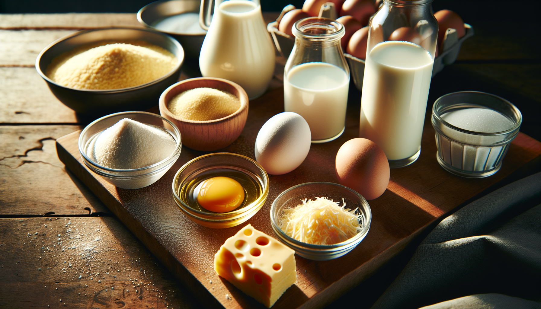 Close-up dos ingredientes para receita de bolo de fubá cremoso, incluindo fubá, ovos, leite e queijo coalho