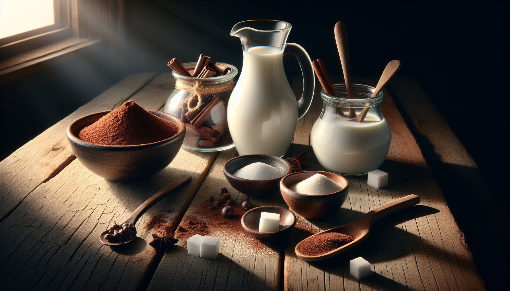 Ingredientes para receita de chocolate quente em close-up com cacau, leite e açúcar