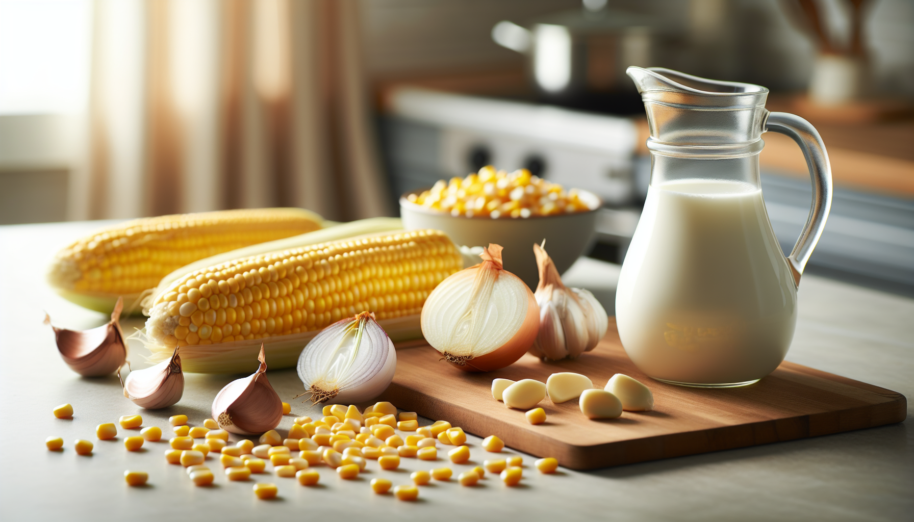 ingredientes frescos para creme de milho: milho, leite, cebola e alho