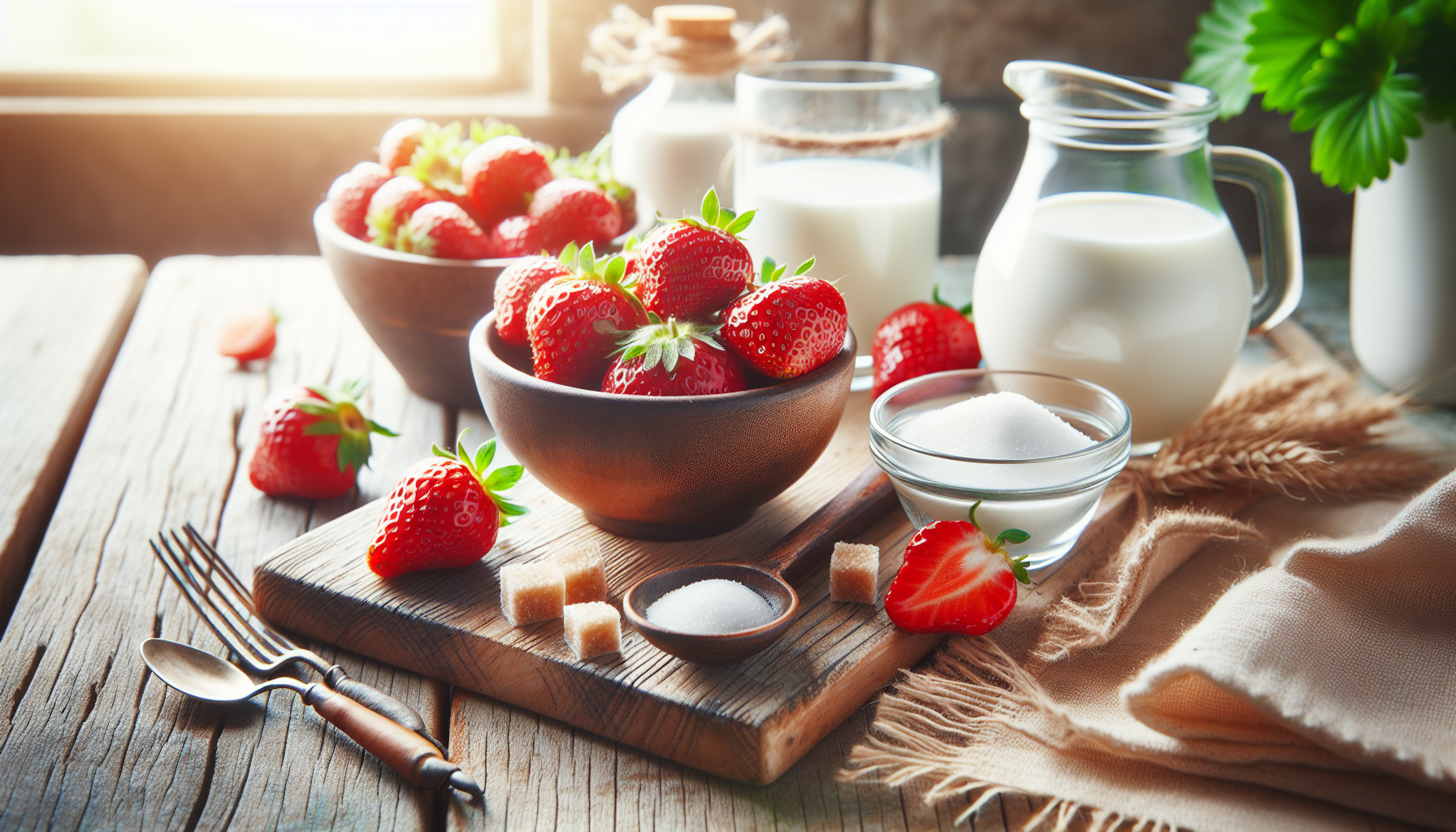 Ingredientes frescos para creme de morango em close-up com morangos e creme de leite