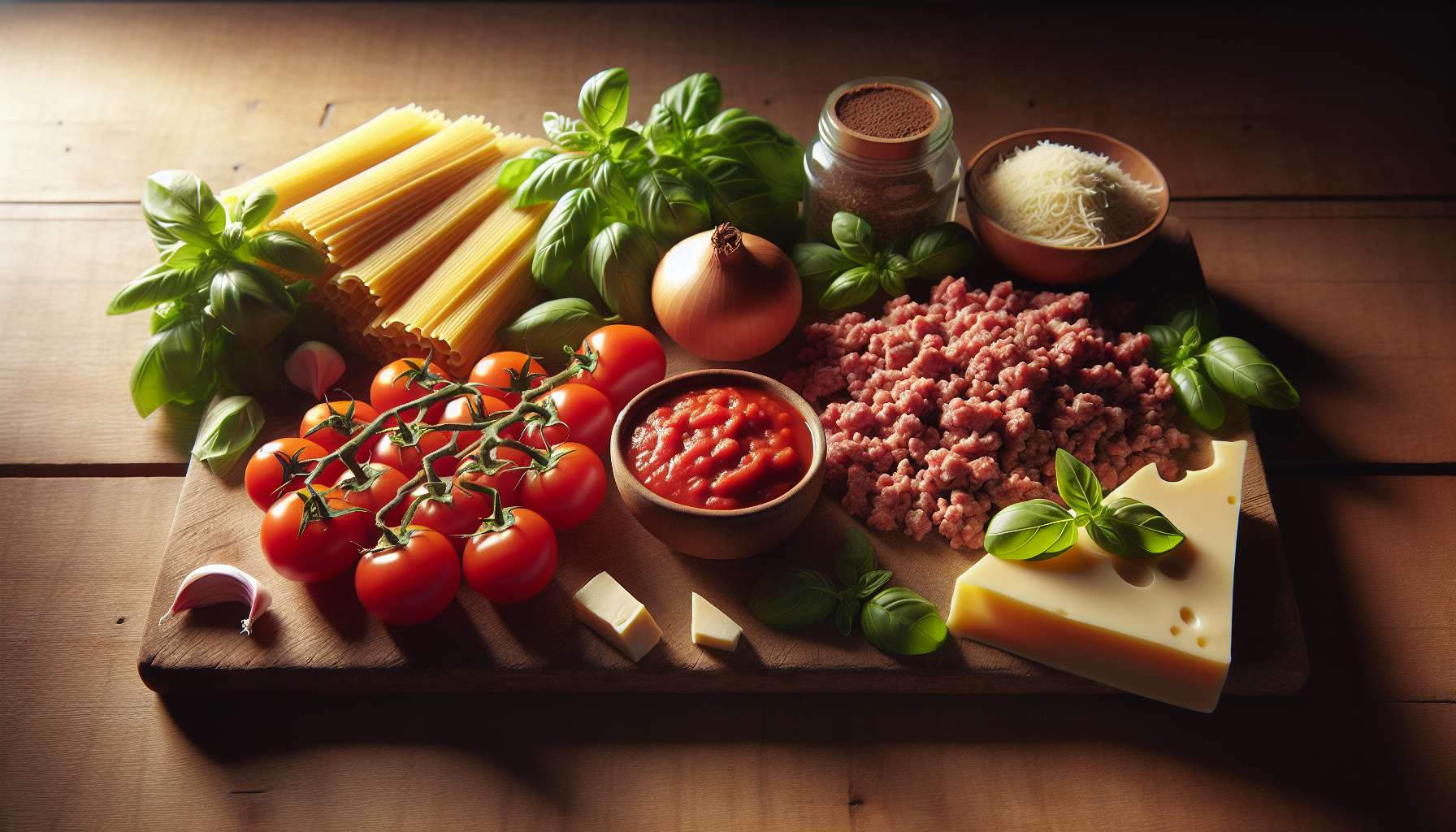 Ingredientes frescos para receita de lasanha: carne moída, queijo, molho e massa