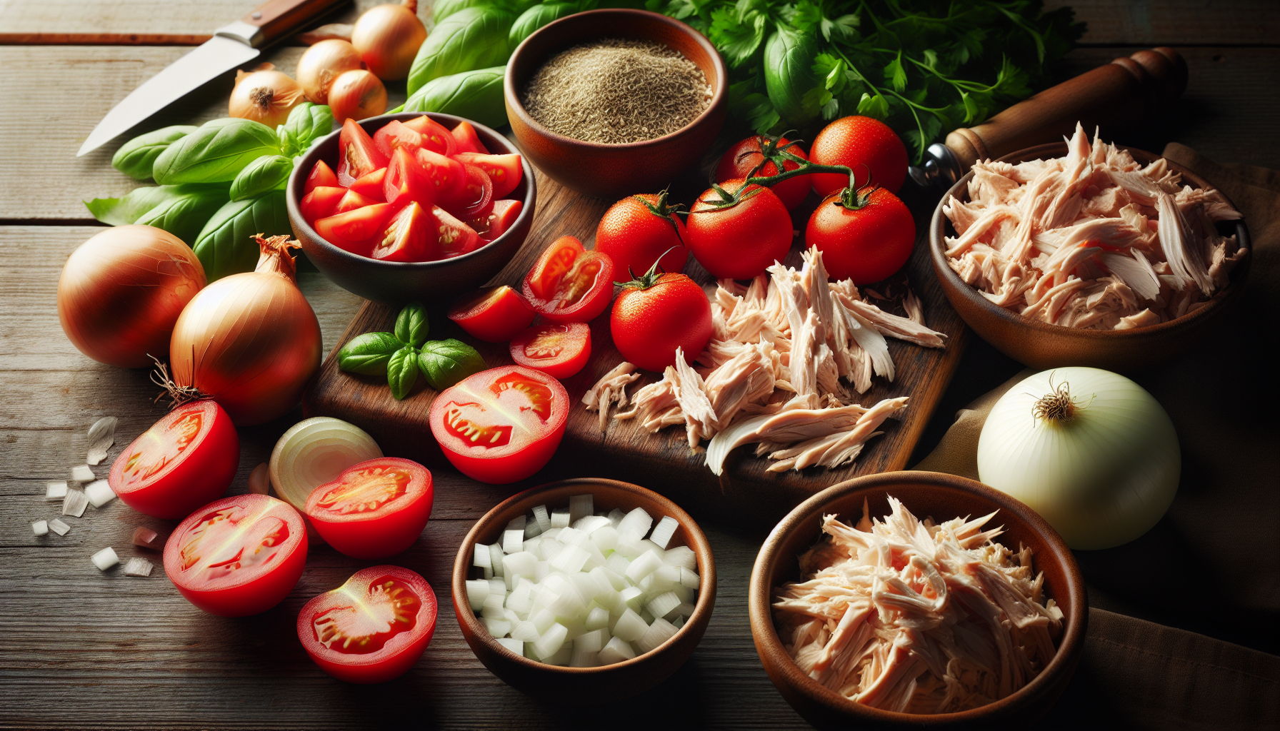 Close-up dos ingredientes frescos para receita de torta de frango, incluindo frango desfiado, cebola, tomate e ervas