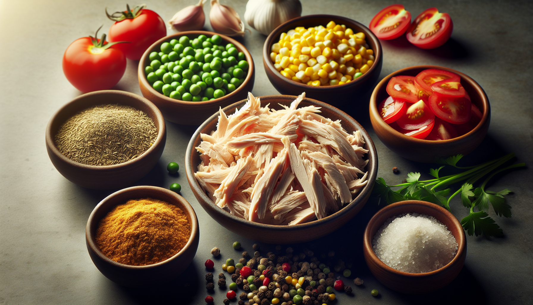 Close-up dos ingredientes frescos para empadão de frango em tigelas
