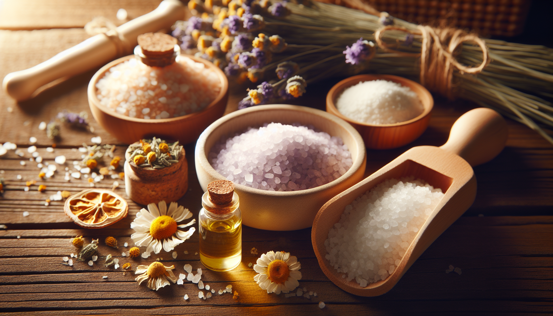 Close-up of ingredients for escalda pés in pregnancy: salt, camomile, lavender essential oil, bicarbonate
