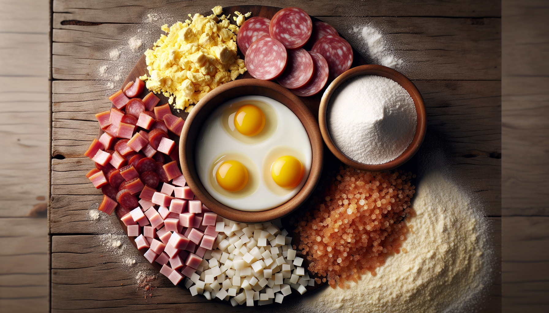 Close-up dos ingredientes do feijão tropeiro com bacon, linguiça, ovos e farinha de mandioca