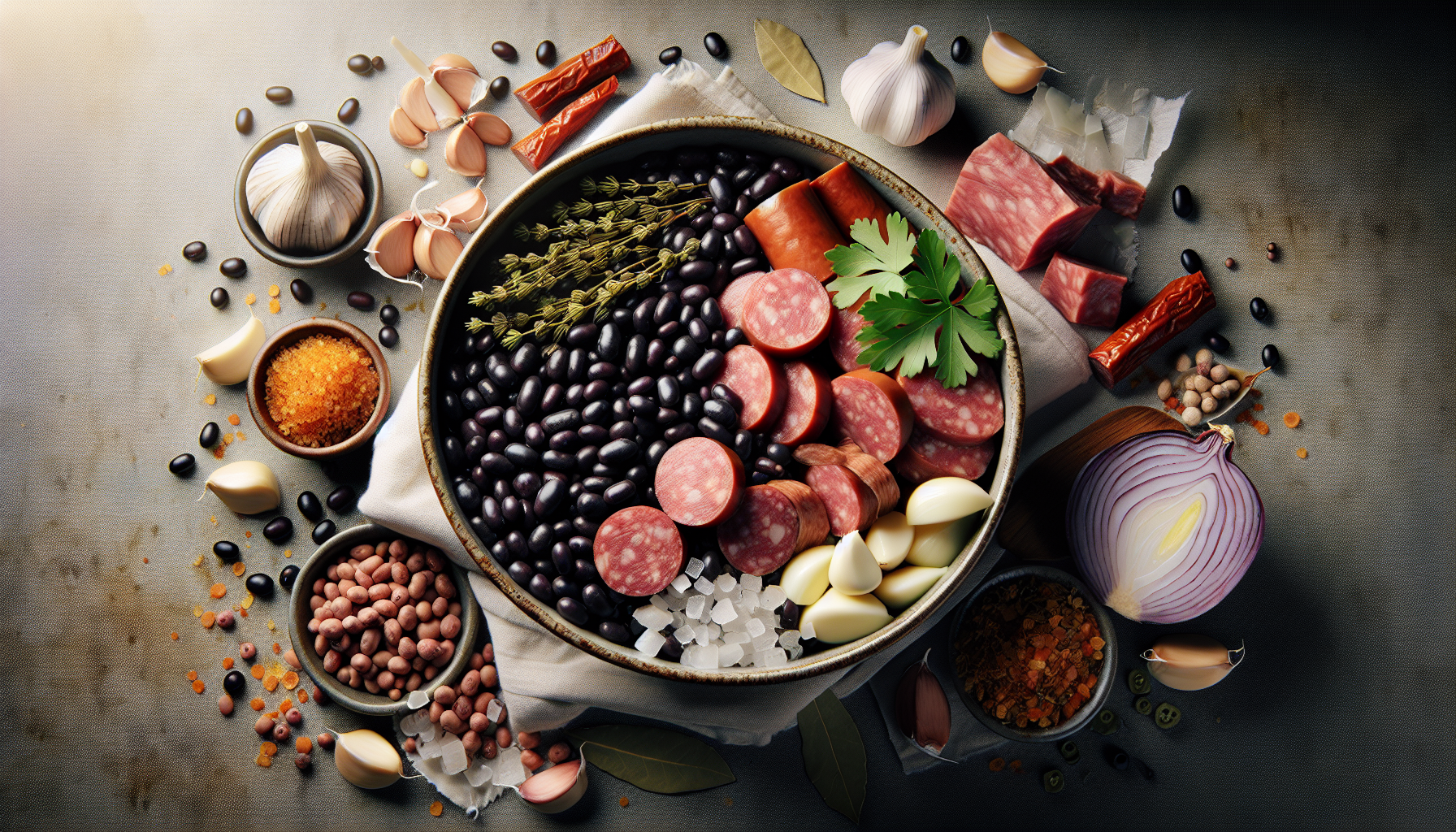 Close-up dos ingredientes frescos para feijoada incluindo feijão preto, linguiça, carne seca e temperos