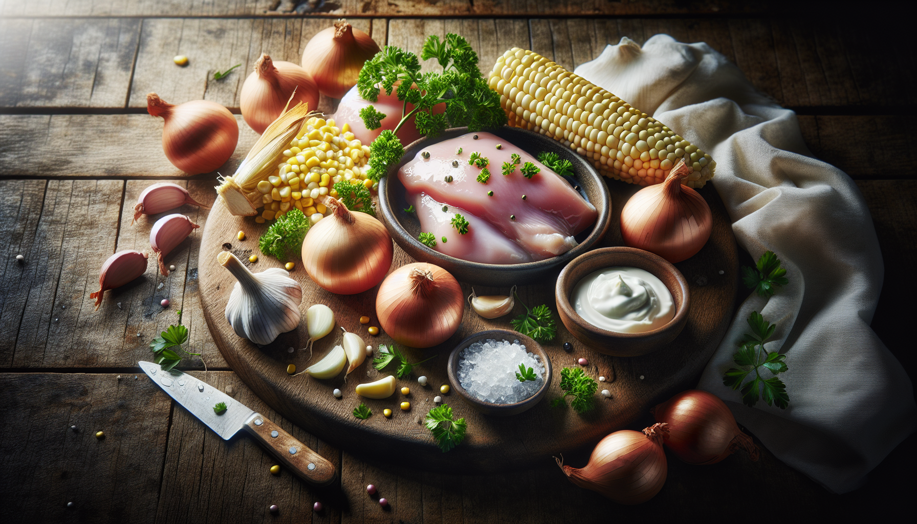 Ingredientes frescos para fricasse de frango, incluindo peito de frango, milho, creme de leite e ervas frescas