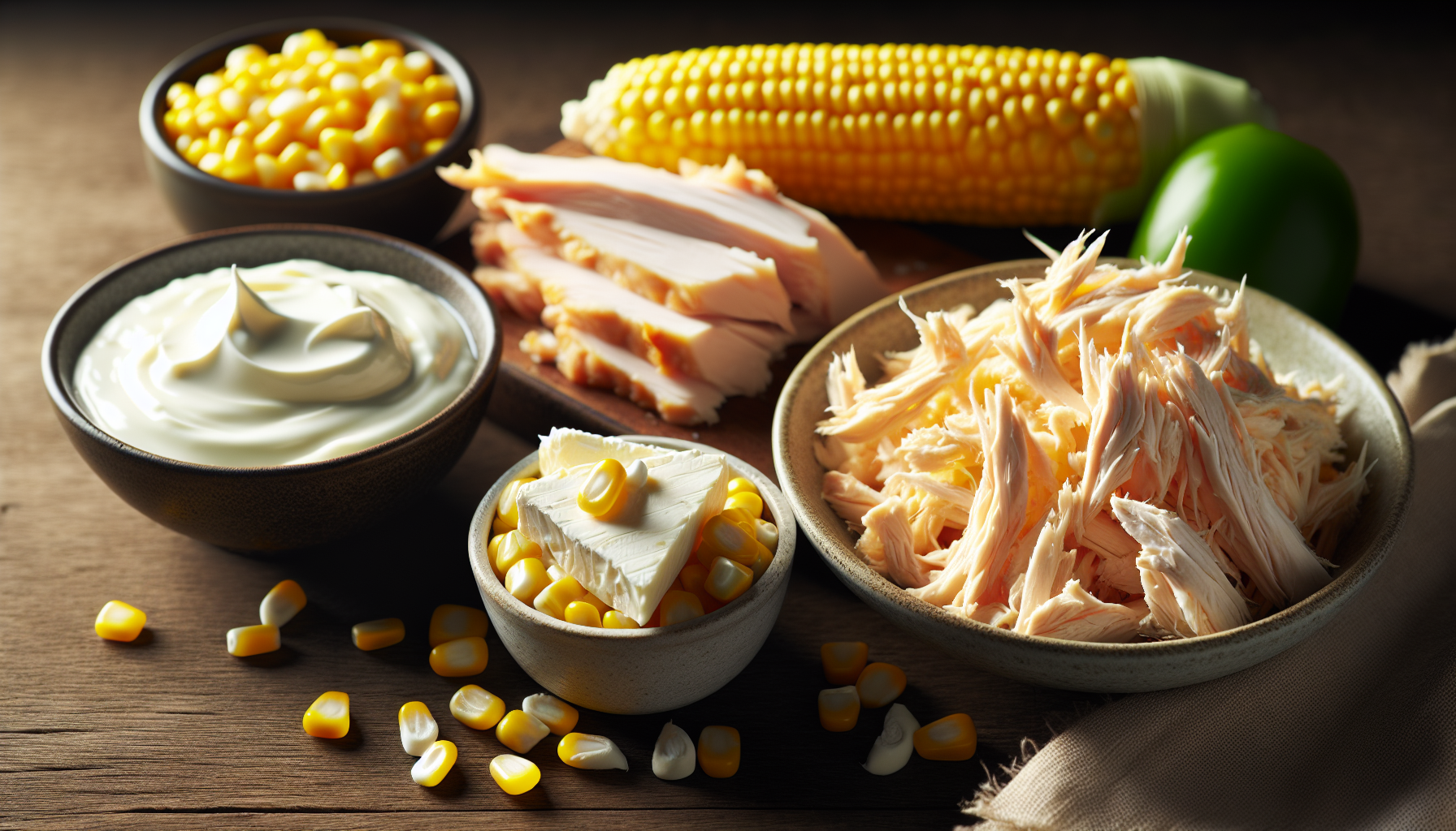 Ingredientes frescos para fricassê de frango: peito de frango desfiado, milho verde, requeijão e creme de leite