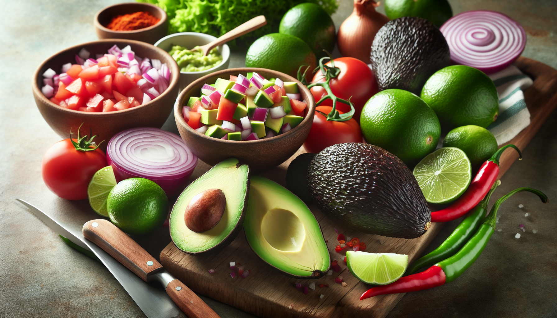 Ingredientes frescos para receita de guacamole em close-up: abacate, tomate, cebola, limão e pimenta