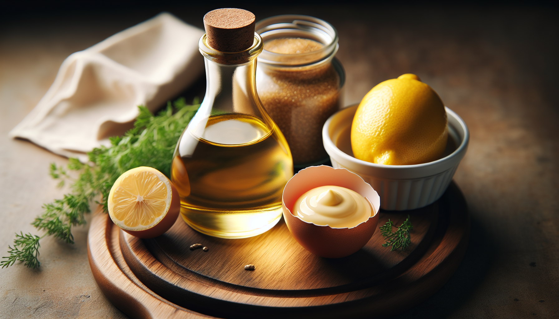 Ingredientes frescos para maionese caseira: ovo, óleo, limão, mostarda