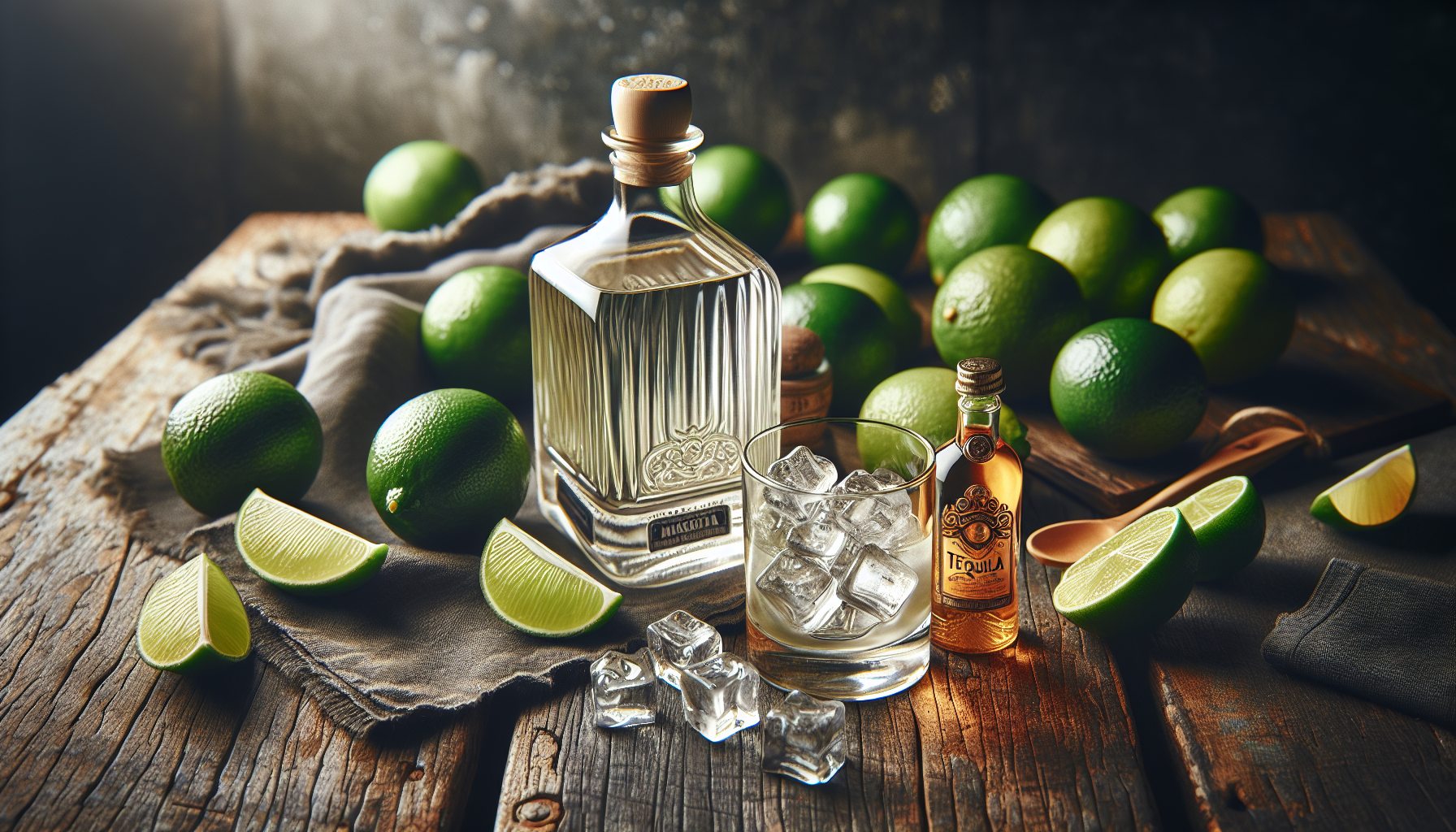 Close-up dos ingredientes frescos para margarita bebida receita com limões, tequila e licor de laranja