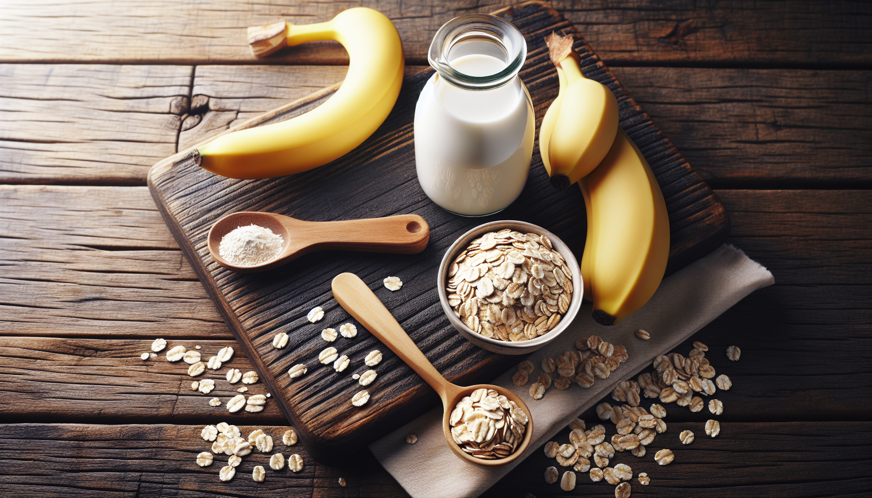 Ingredientes naturais para receita de mingau para bebê com aveia, banana e leite