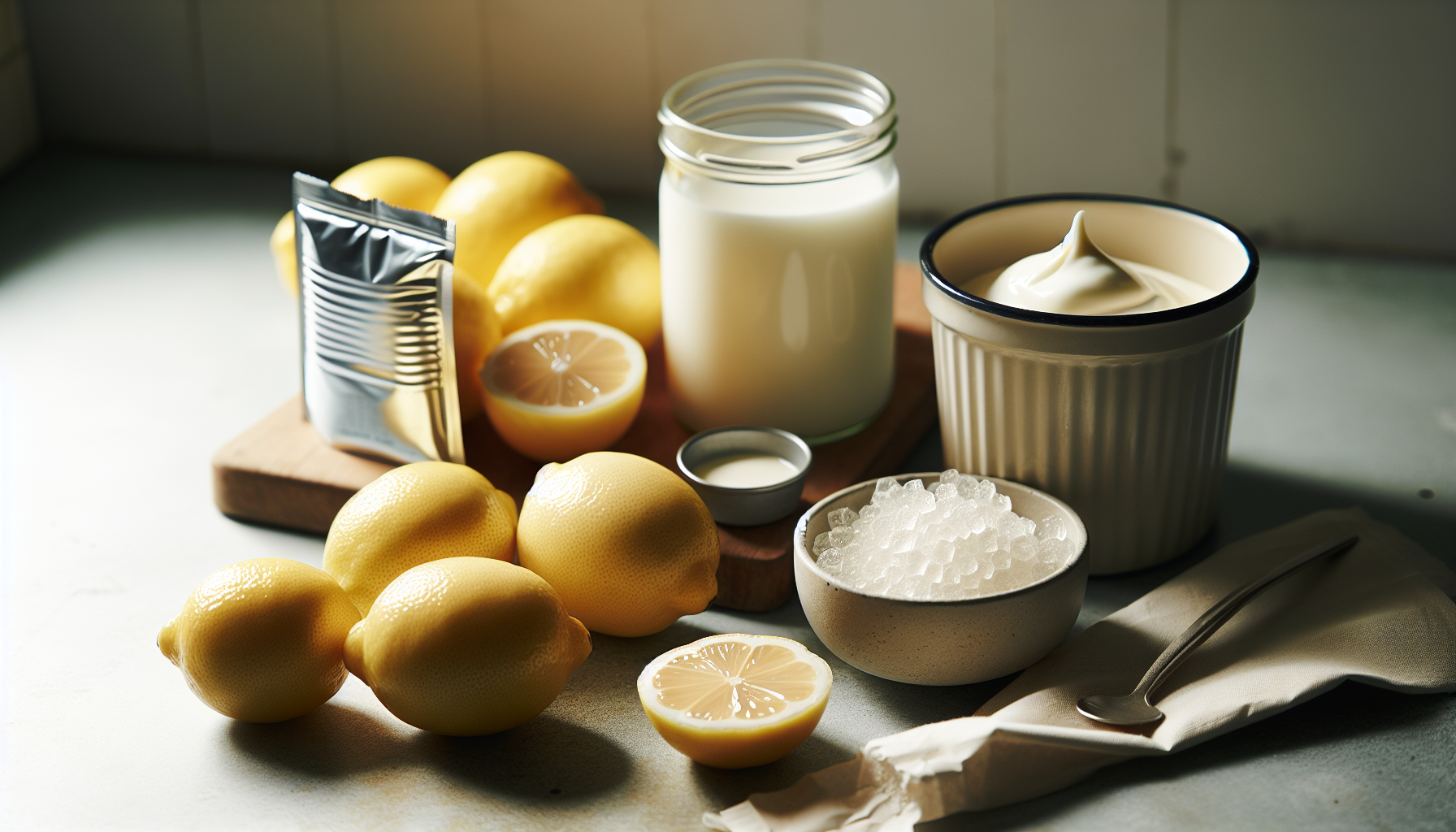 Close-up of ingredients for lemon mousse: fresh lemons, condensed milk, cream, and gelatin packet