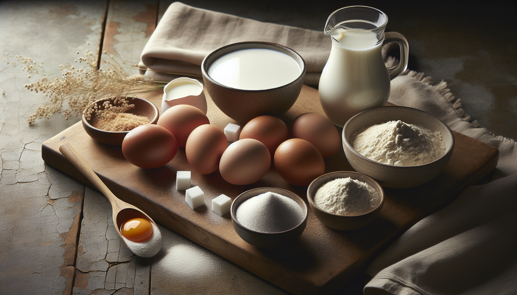 Close-up of ingredients for pão de ló including eggs, flour, sugar, and milk