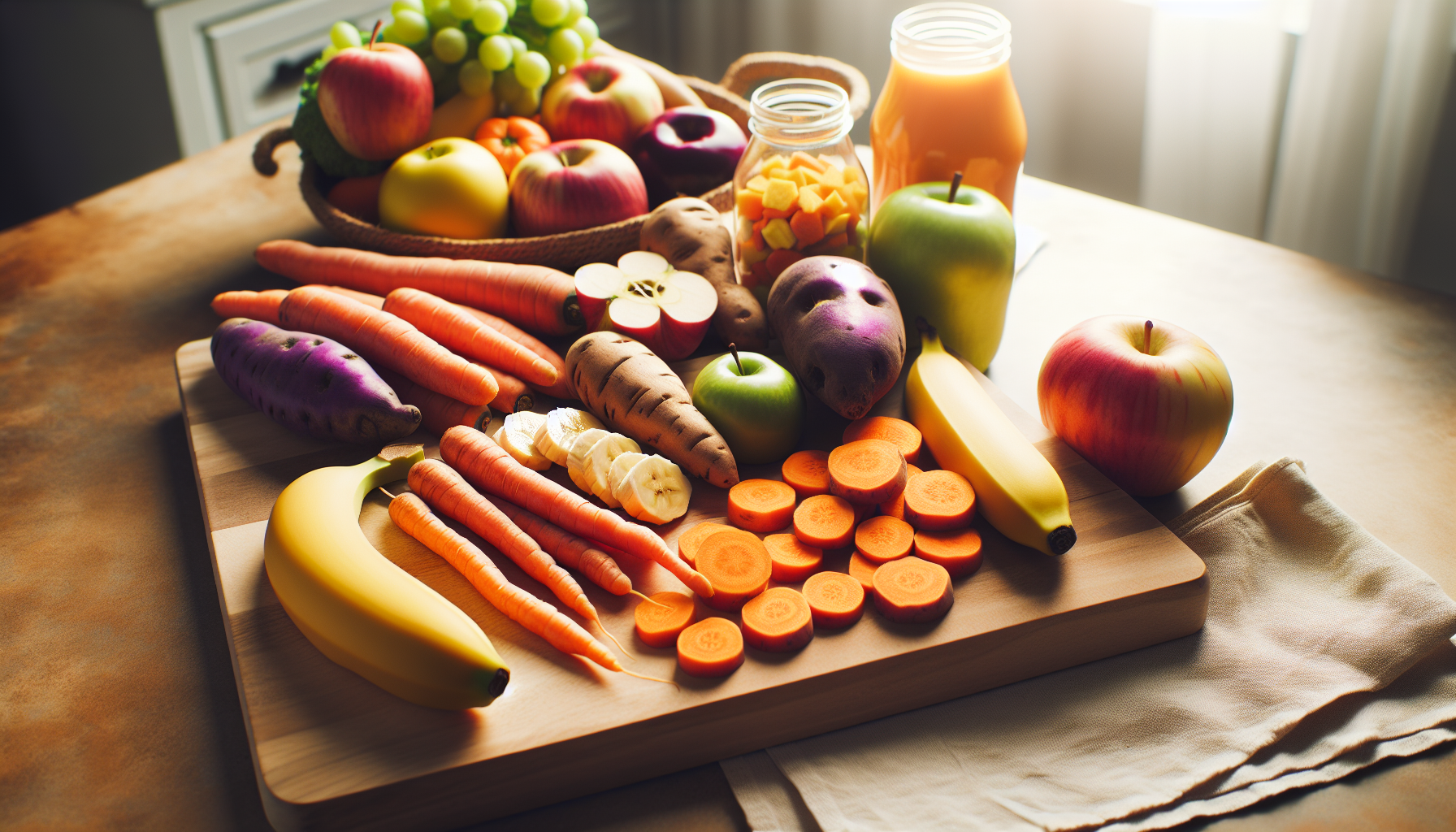 Ingredientes frescos para papinha de bebê de 9 meses, incluindo frutas e legumes