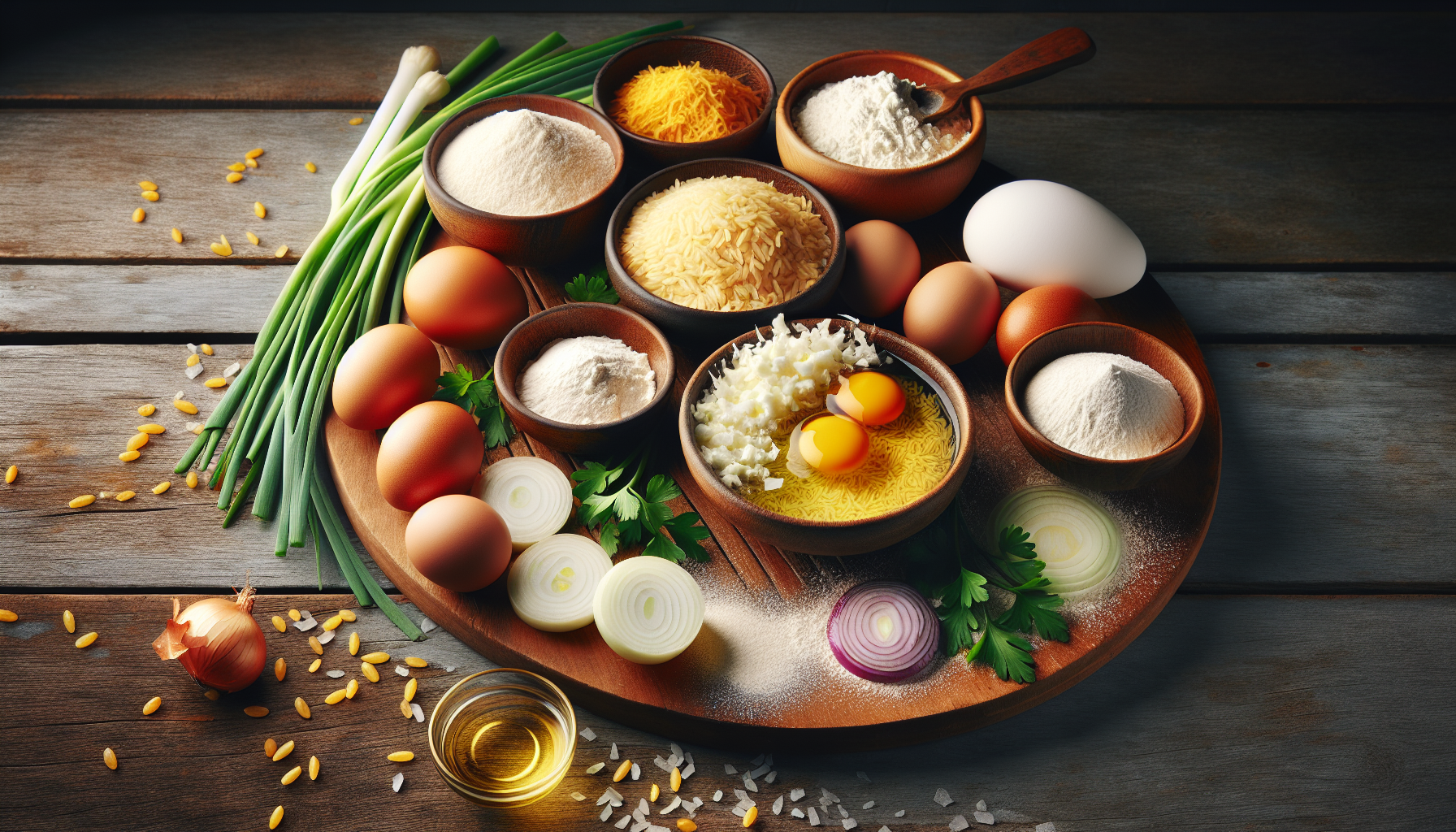 Ingredientes frescos para receita de bolinho de arroz em close-up
