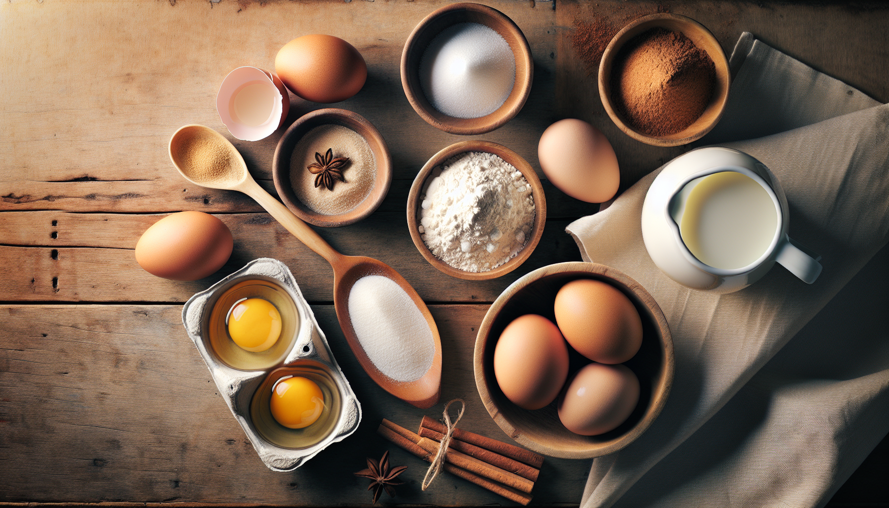 Ingredientes para receita de bolinho de chuva: ovos, farinha, açúcar, fermento, leite e canela