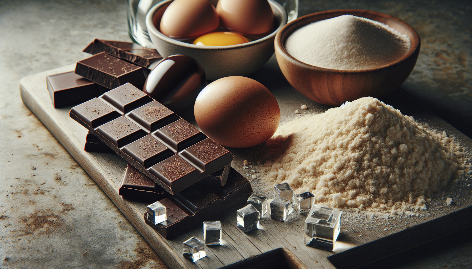 Ingredientes frescos para receita de brownie simples, chocolate, ovos e farinha