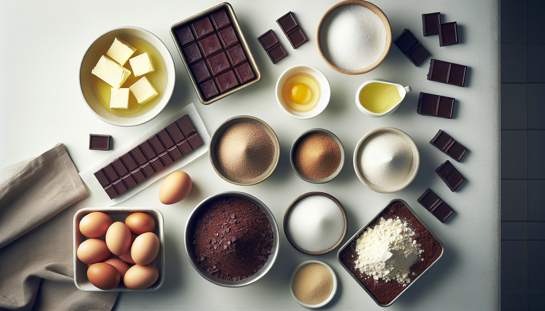 Ingredientes para a melhor receita de brownie: chocolate, ovos, manteiga, açúcar e farinha