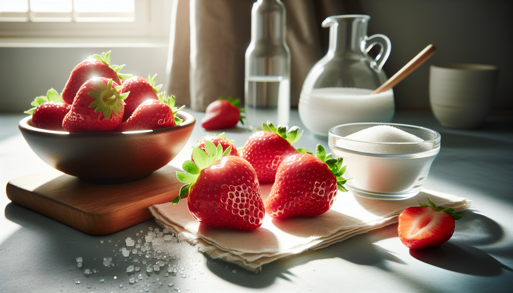 Ingredientes frescos para receita de morango do amor, incluindo morangos, açúcar e vinagre