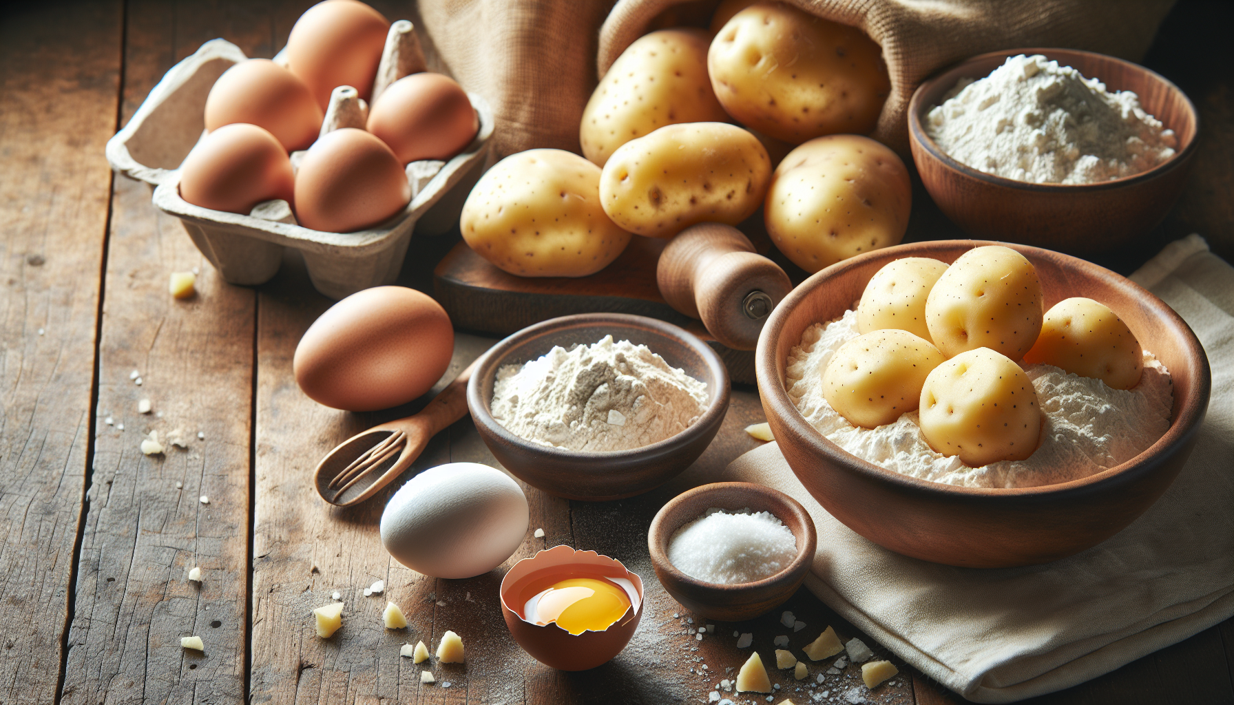 Ingredientes frescos para receita de nhoque de batata, batatas, farinha e ovos