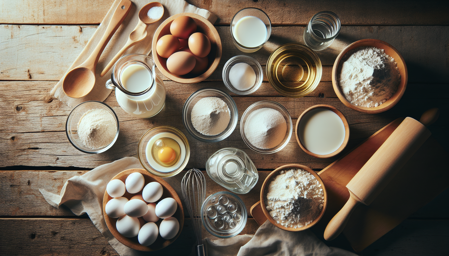Ingredientes para receita de panqueca dispostos em tigelas e copos transparentes