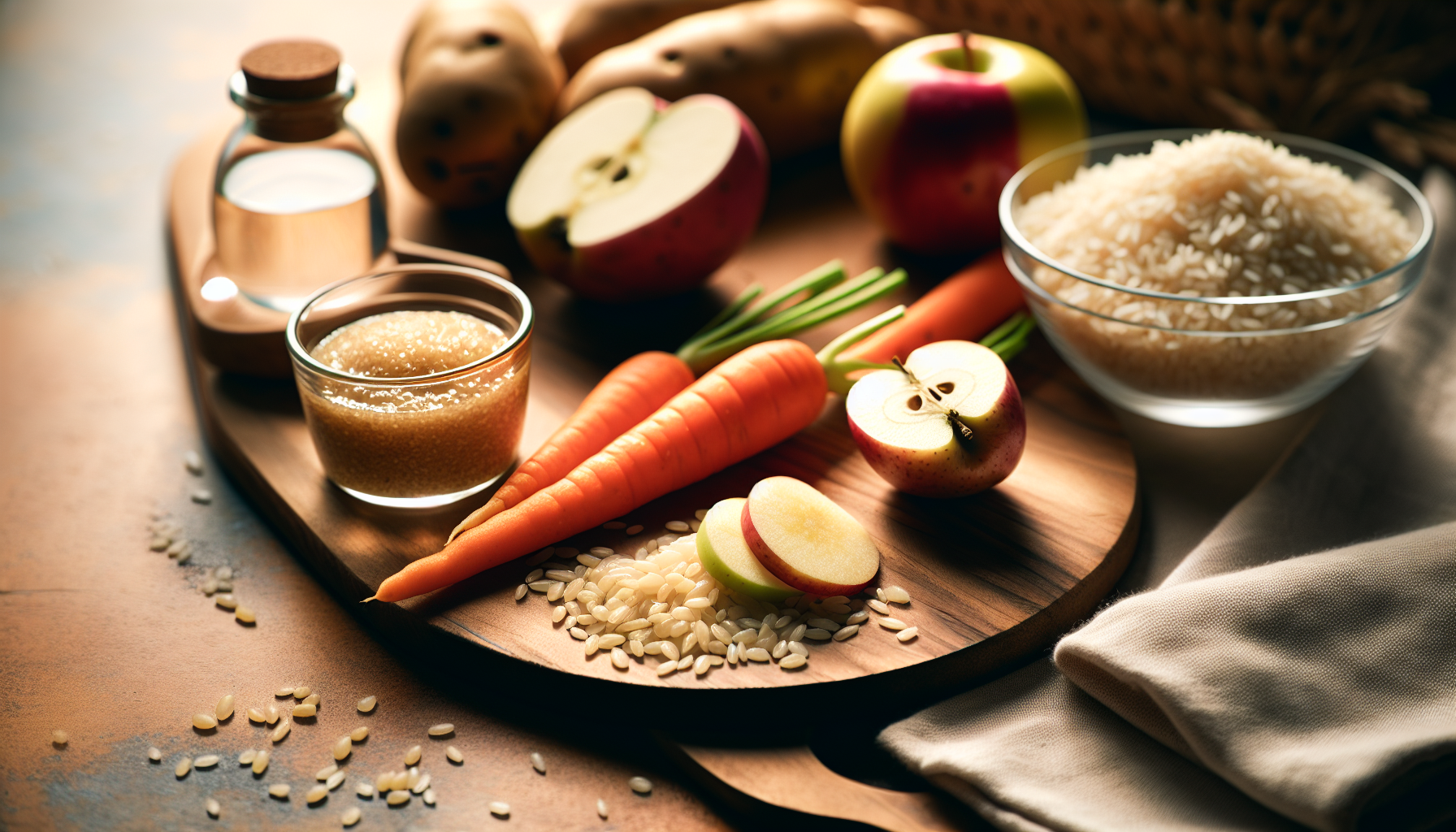 Ingredientes frescos para papinha de bebê: batata, cenoura, maçã e arroz em close-up